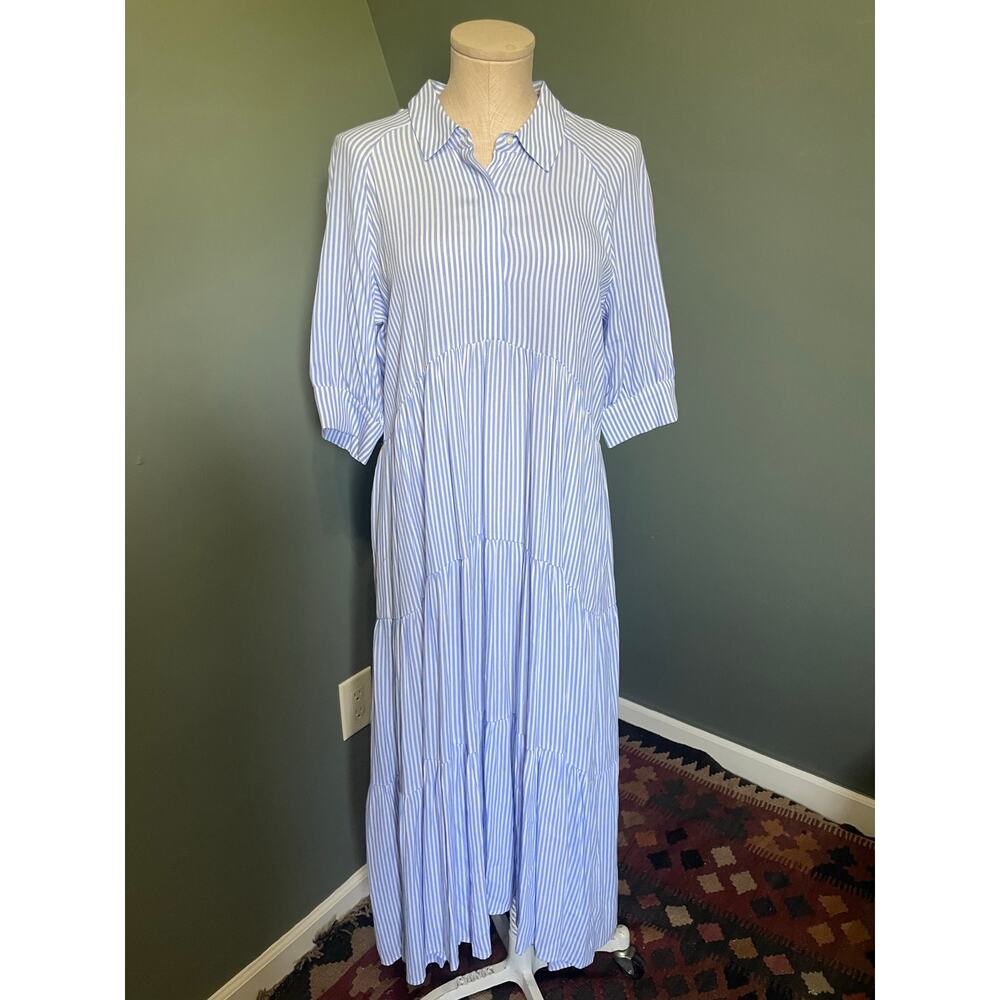 NWT a loves a Blue/White Pin Striped Tiered Dress. Sz Med.